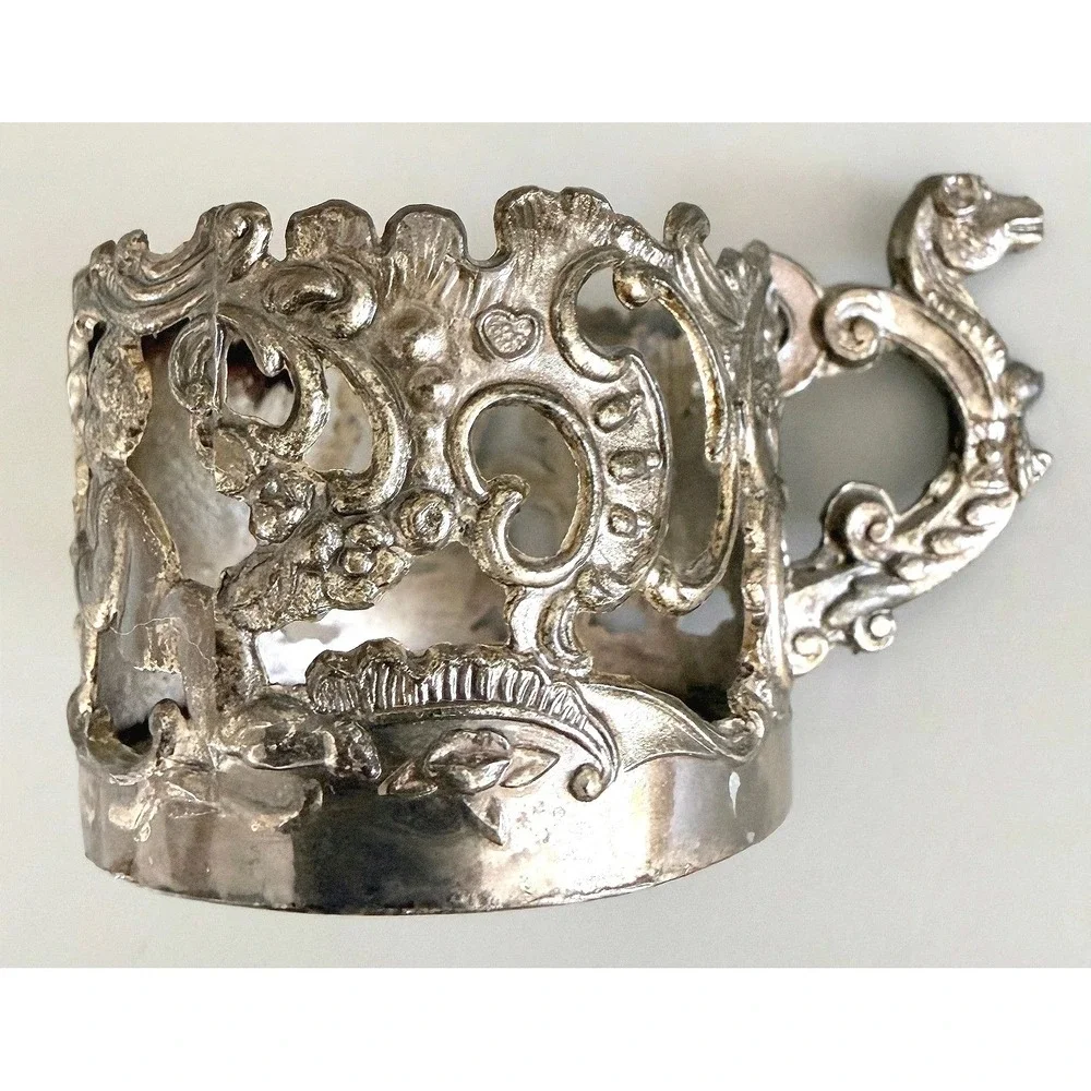 Antique Vienna‑Style Porcelain Cup w/ Ornate Silverplate Holder & Saucer